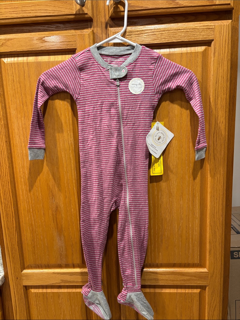 Burt's Bees Baby Pink & Gray Striped Organic Cotton Footed One-Piece-24 Month’s-